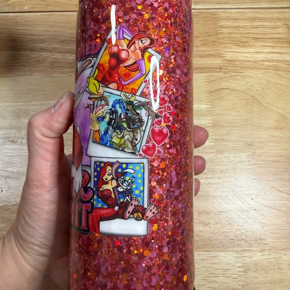 Handmade Sequins Red Who Framed Roger Rabbit Skinny Can Cooler Tumbler Cup - Picture 3 of 9
